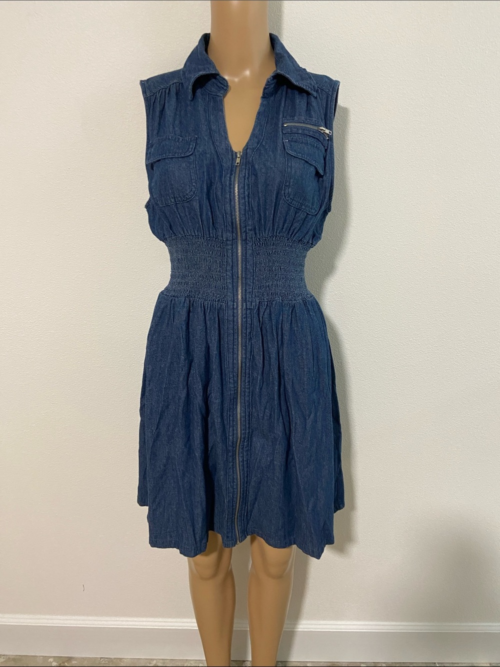 J Gee Sleeveless Blue Denim Zip-Front Dress with Smocked Waist